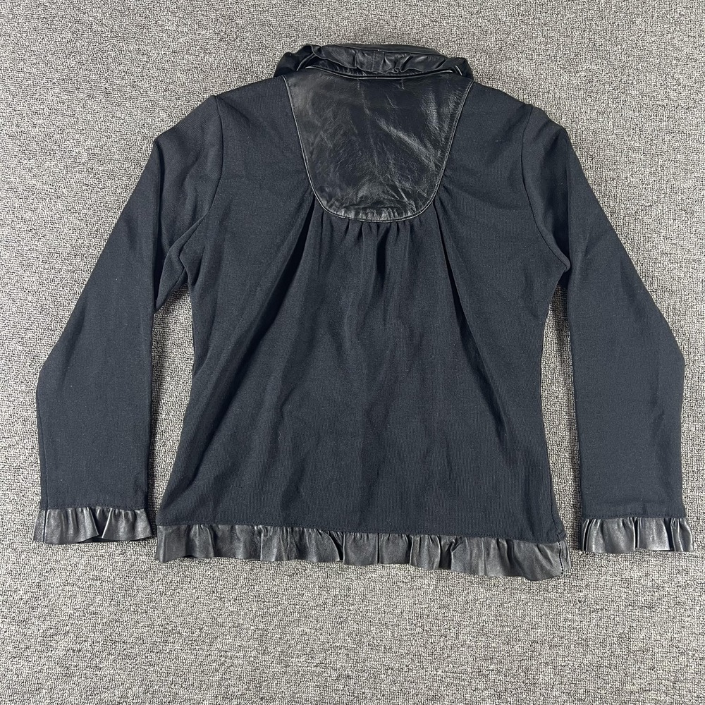 Michael Simon Blazer Womens Medium Black Silk Lamb Leather Trim Ruffle Jacket - Picture 3 of 9